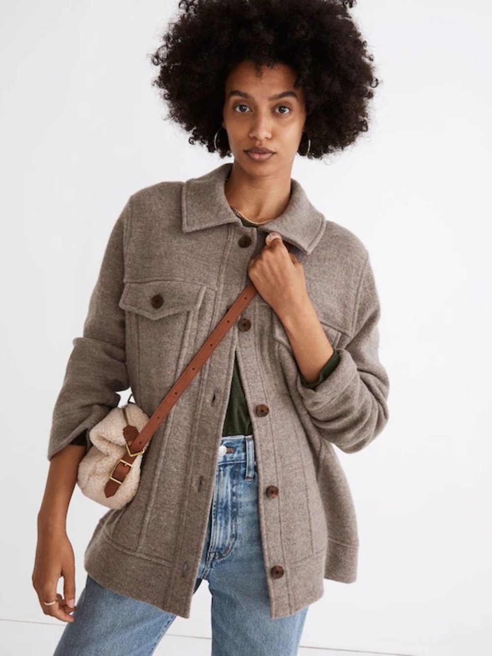 Madewell Boiled Wool Bridgman Sweater Jacket Heather Mink XS